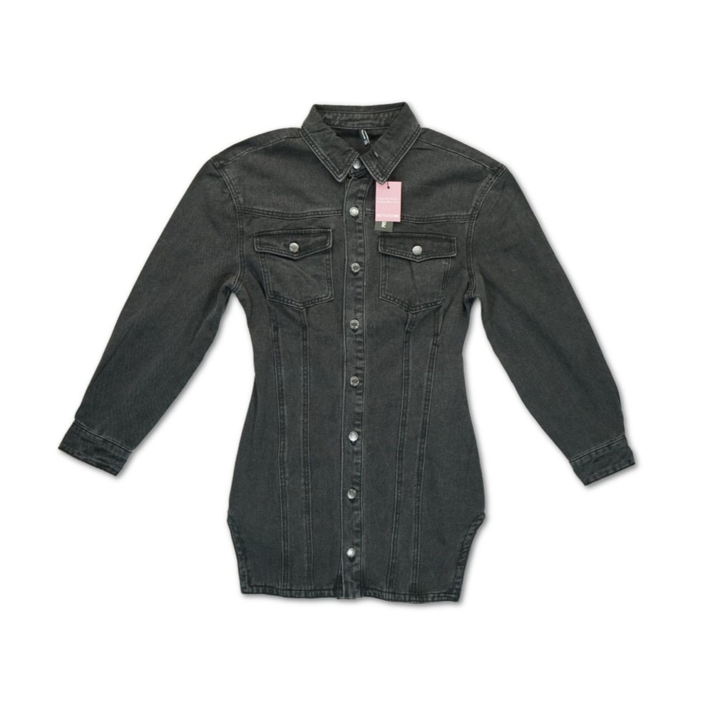 NWT Pretty Little Thing Black Wash Long Sleeve Denim Shirt Mini Dress UK 10 US 6